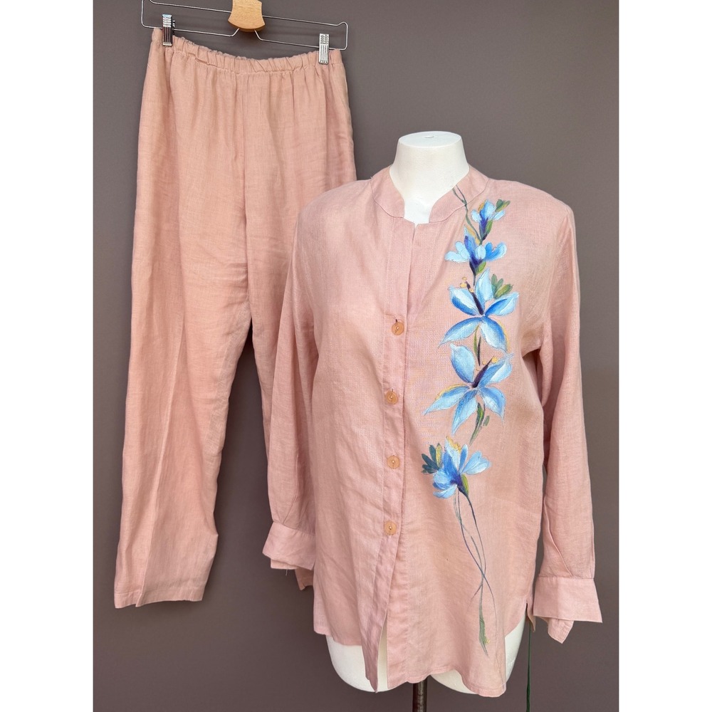 Vintage Hand Painted Linen Set M Pink Blue Floral Button Shirt Pants Art To Wear